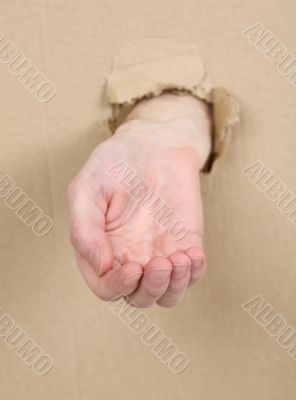 Male hand through in cardboard