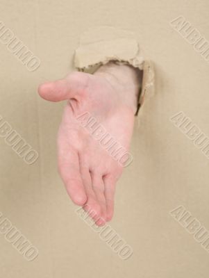 Male hand throug in cardboard