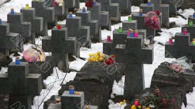 Ordered stone crosses in ancient cemetery