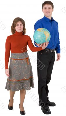 Man and woman hold globe