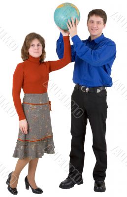 Man and woman hold globe