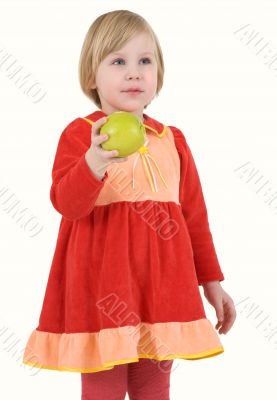 Girl in the red dress with apple