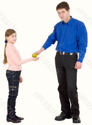Man give apple to girl