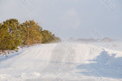 A bad weather on rural road.  Glaze ice,