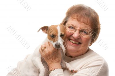Happy Attractive Senior Woman with Puppy

