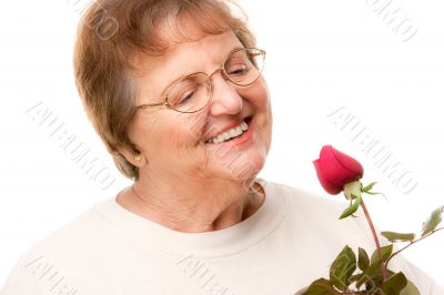 Attractive Senior Woman with Red Rose
