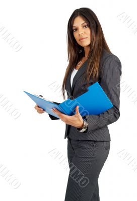Beautiful brunette woman holding a clipboard