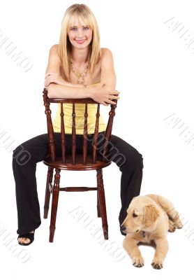 Portrait of beautiful blonde woman with dog