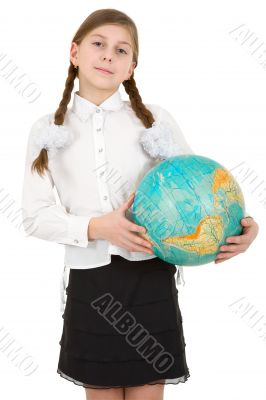 Schoolgirl hold terrestrial globe