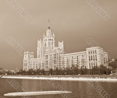 Moscow river quay sepia view
