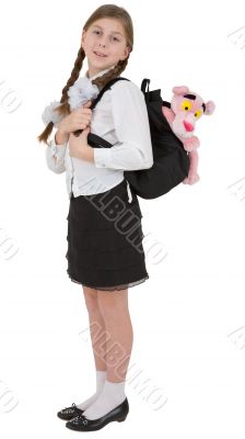 Schoolgirl with satchel on white
