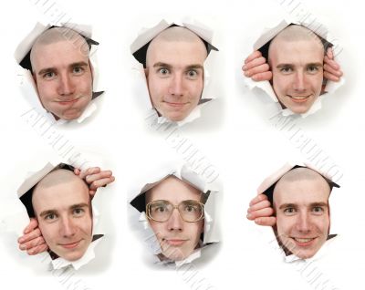 Six faces looking through holes