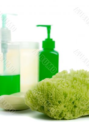 natural sponge, soap and body lotion