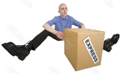 Courier and cardboard box with label