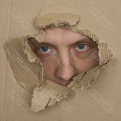 Male face look up from hole in carton