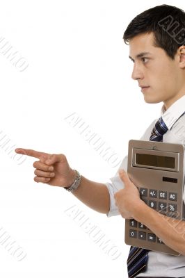 Businessman with gigantic pocket calculator