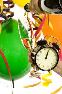 Turn of the year, New Year with champagne and clock Turn of the year, New Year with champagne and clock
