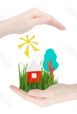 The house, tree, the sun and grass in hands