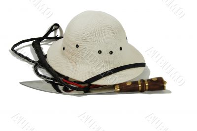 Hunting knife, whip and pith helmet