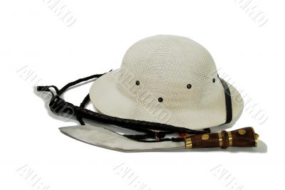 Hunting knife, whip and Pith Helmet