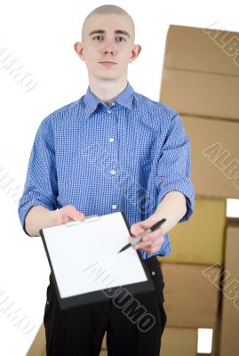 Man with tablet and carton boxes