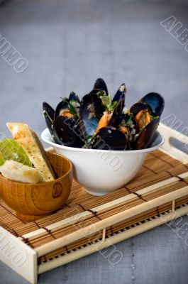 Fresh Mussels in a simple white bowl
