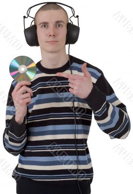 The young guy with ear-phones and a compact disk
