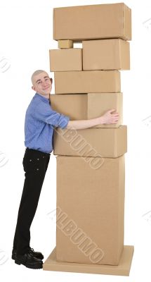 Man embrace heap cardboard boxes