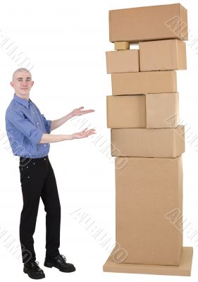 Man showing on pile cardboard boxes