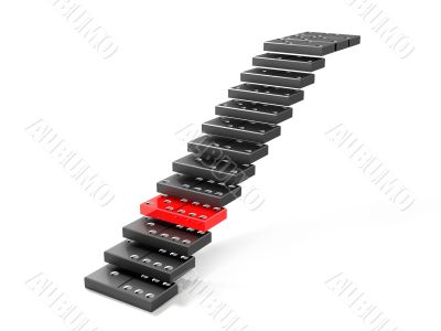 Dominous pieces formulated in row stairway. One is red