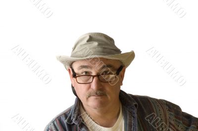 older man in hat on white