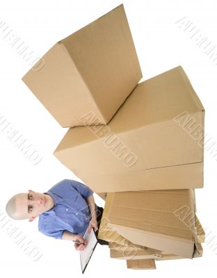 Man and pile cardboard boxes