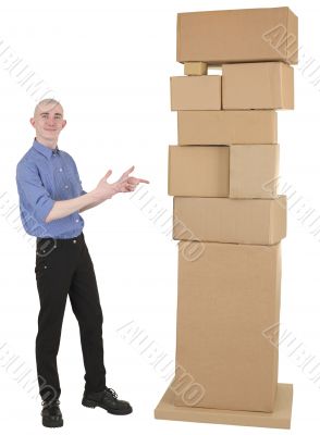 Man showing on pile cardboard boxes