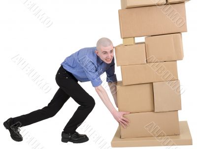 Man push pile cardboard boxes
