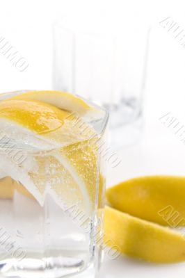 soda water and lemon slices