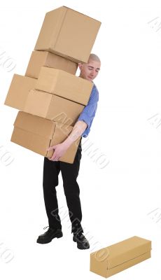 Man hold heap cardboard boxes