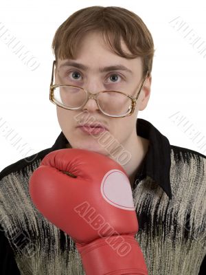 Man in spactacles taking a punch