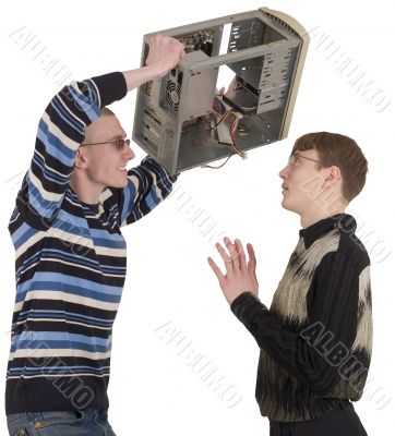 Serviceman covered computer on head client