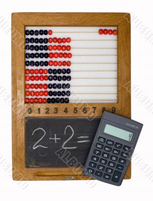 Children`s school board, abacus and calculator