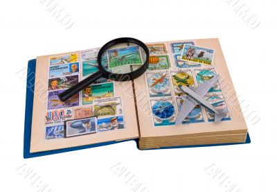 Album of aviation stamps, aircraft & magnifier Album of aviation stamps, aircraft & magnifier