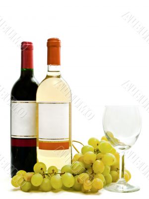  red and white wine with vine and wineglass