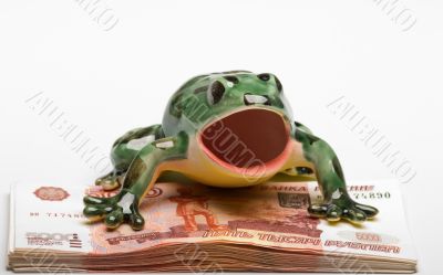 Ceramic frog on a pile of  denominations