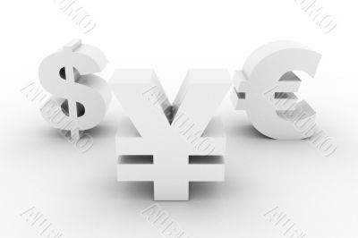 White Yen Dollar and Euro isolated
