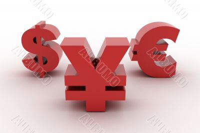 Red Yen Dollar and Euro isolated