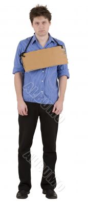 Man with carton tablet on neck