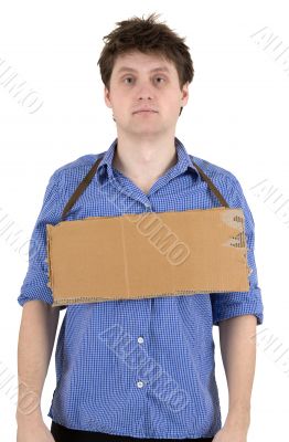 Man with carton tablet on neck
