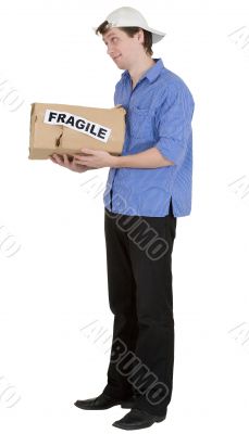 Man hold cardboard box with discription `fragile`