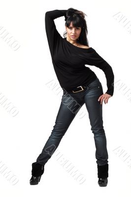 woman standing against isolated white background