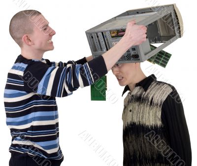 Serviceman covered computer on head of client