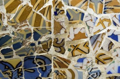 Detail of the ceramics from the Guadi bench in park Guell Barcelona, Spain